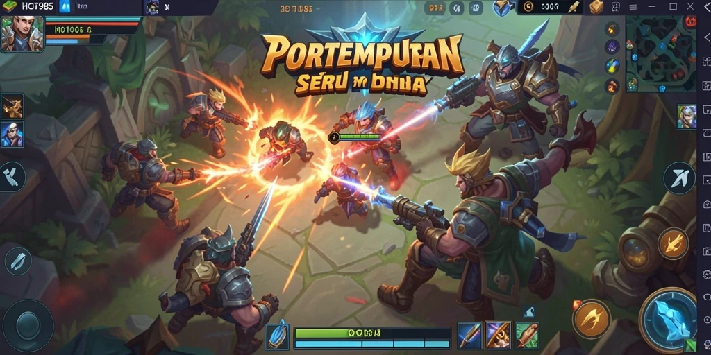 Screenshot gameplay HOT985 menunjukkan intensitas pertempuran MOBA yang mendebarkan.