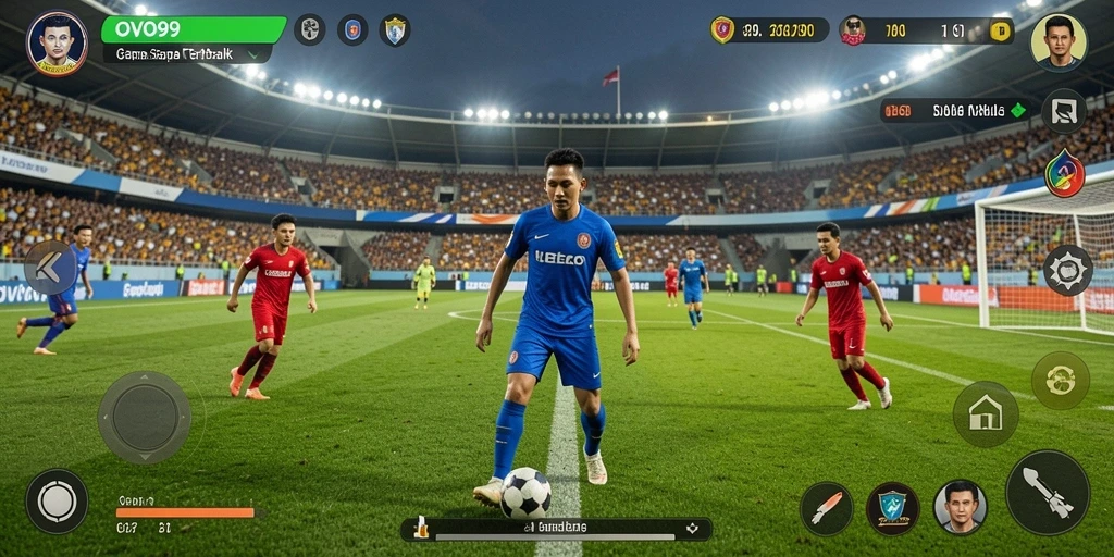 Tampilan gameplay OVO99 dengan strategi sepak bola yang mendebarkan.