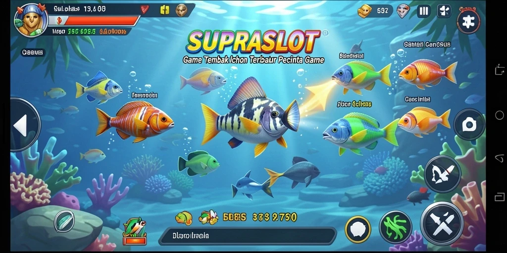 Screenshot menunjukkan aktivitas menembak ikan yang seru di SUPRASLOT.